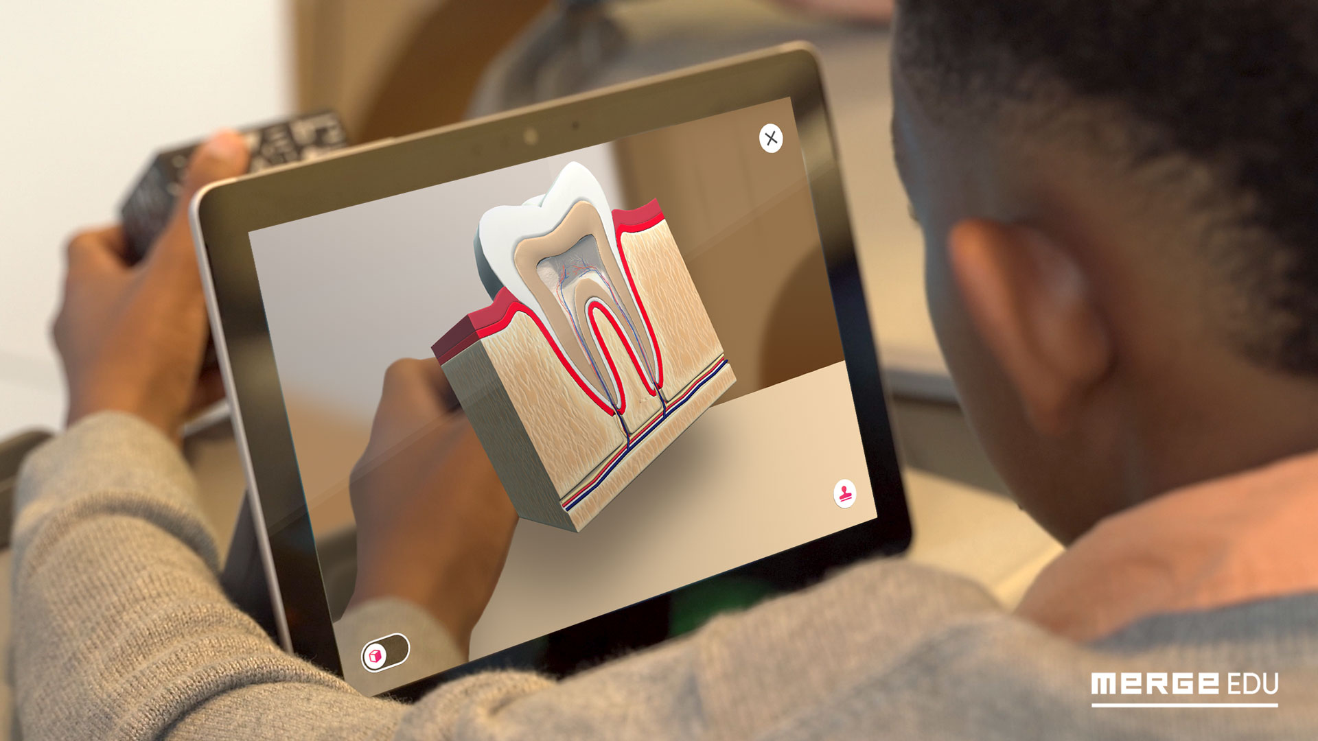 Ein Schüler betrachtet einen Merge-Cube durch ein Tablet, auf dem ein Zahn abgebildet ist