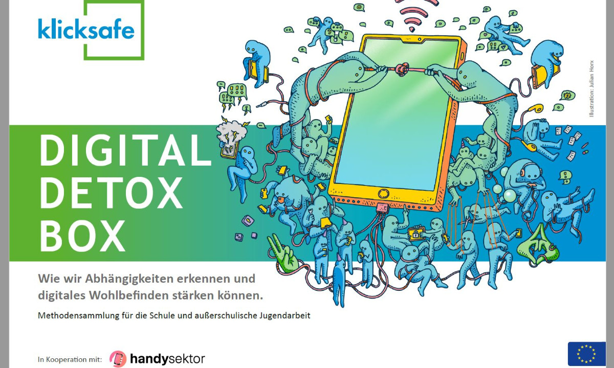 Das Logo der Digital Detox Box: ein Smartphone, das von zahlreichen Figuren umgeben ist, die alle damit verbunden sind und Zeit beanspruchen.