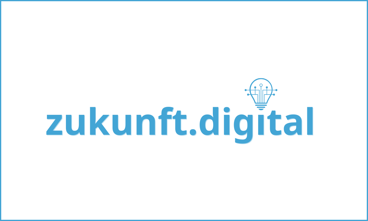 Auf weißem Hintergrund steht in türkis geschrieben "zukunft.digital" mit einer Glühbirne als Icon. 