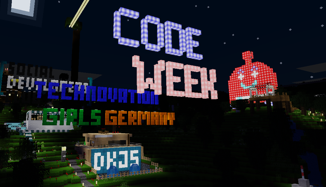 Screenshot aus Minetest. Zusehen sind "CODE WEEK" sowie das Haus der DKJS.