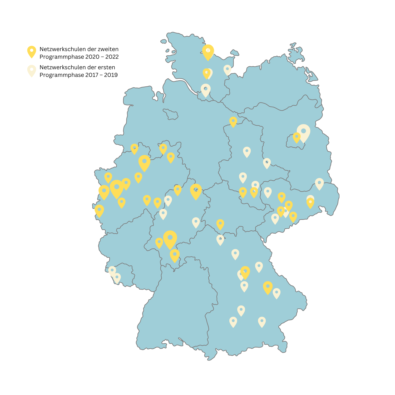 Deutschlandkarte mit farbigen Pins zur KIennzeichnung von Netzwerkschulen